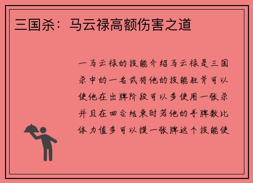 三国杀：马云禄高额伤害之道